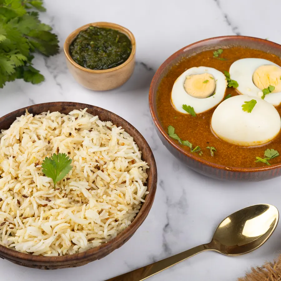 Egg Curry with Cumin Rice